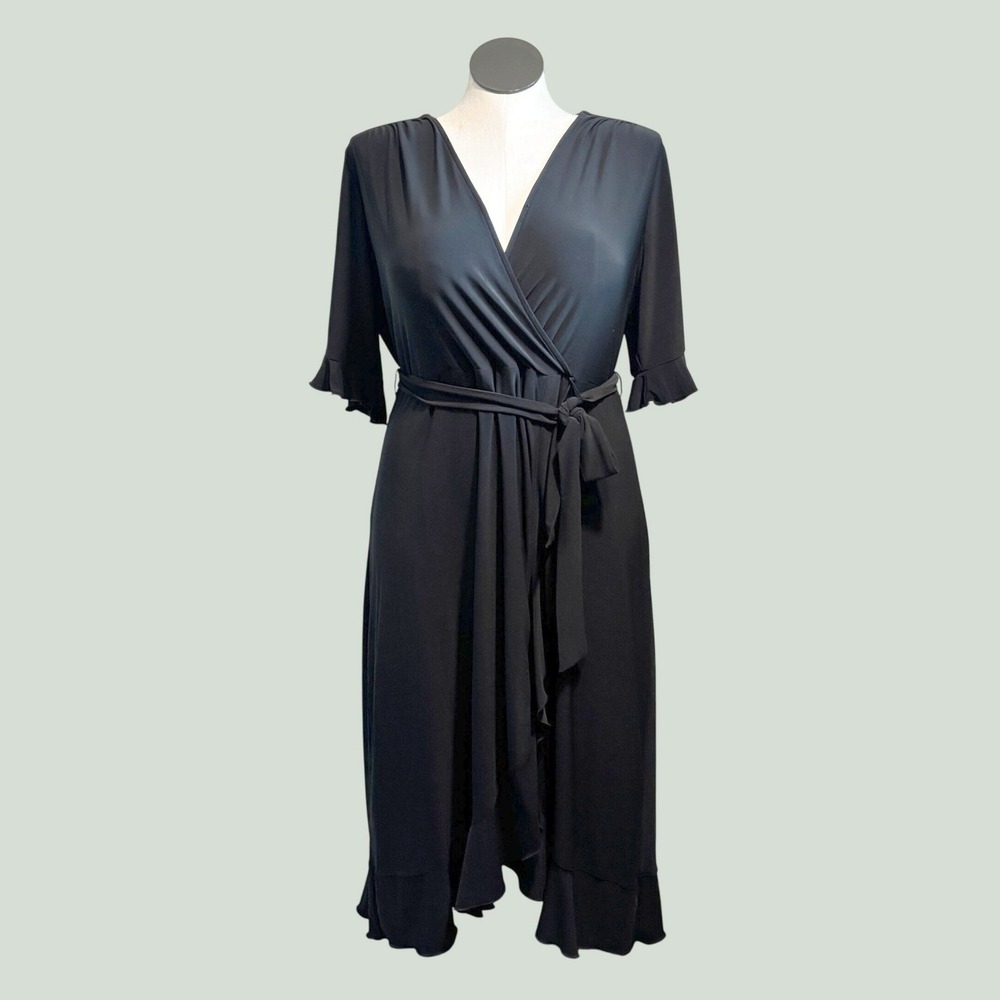 Cato Women Little Black Dress 14/16W Ruffle Hem Midi V-Neck Wedding Guest Party